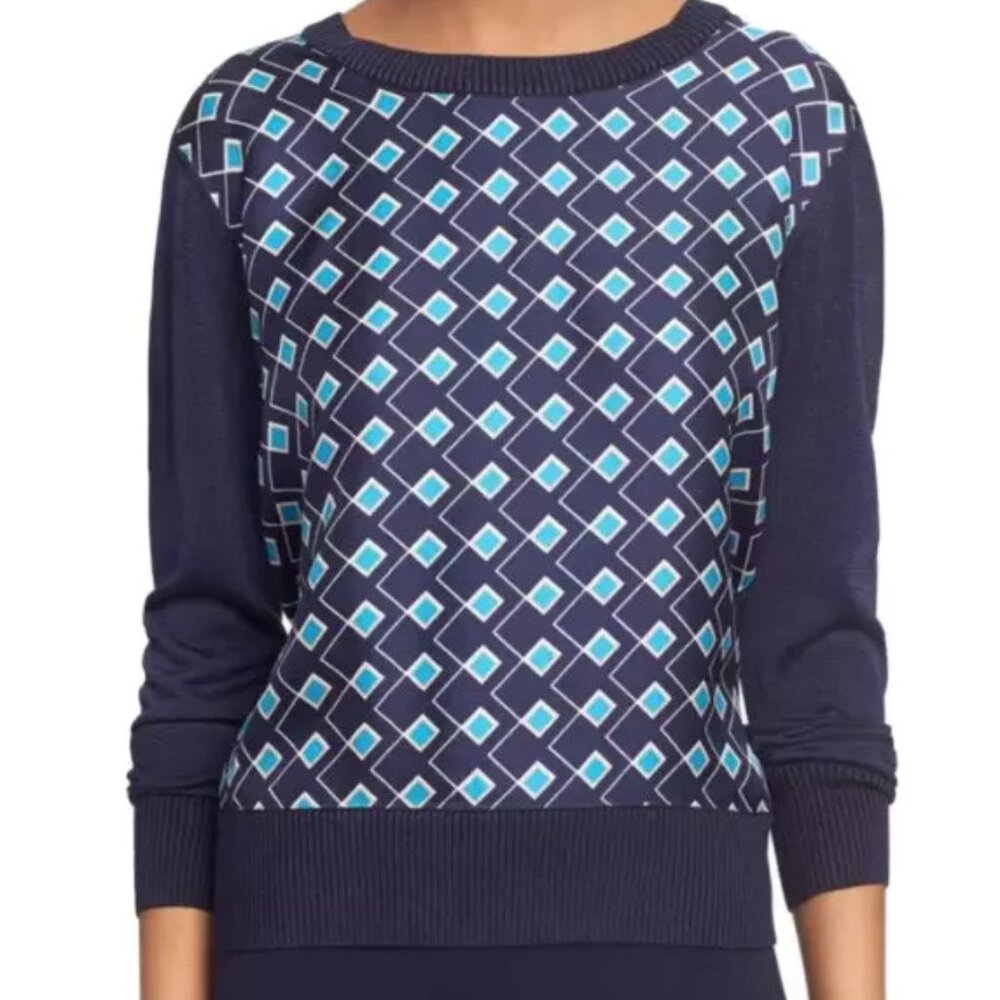 Diane Von Furstenberg Orla Woven Knit Navy Geometric Silk Crewneck Women Petite‎